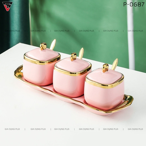 Bộ 3 Hộp Đựng Gia Vị Gốm Sứ Kèm Khung Sứ Đặt Bàn Viền Vàng Cao Cấp (Tặng Muỗng & Hộp Quà Sang Trọng) - Gia dụng Plus
