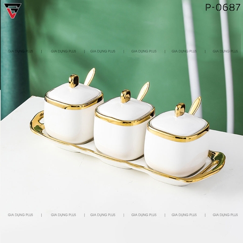 Bộ 3 Hộp Đựng Gia Vị Gốm Sứ Kèm Khung Sứ Đặt Bàn Viền Vàng Cao Cấp (Tặng Muỗng & Hộp Quà Sang Trọng) - Gia dụng Plus