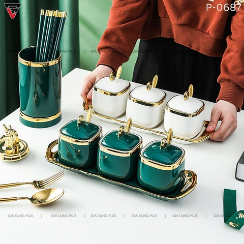 Bộ 3 Hộp Đựng Gia Vị Gốm Sứ Kèm Khung Sứ Đặt Bàn Viền Vàng Cao Cấp (Tặng Muỗng & Hộp Quà Sang Trọng) - Gia dụng Plus