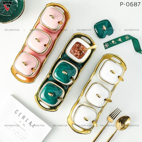 Bộ 3 Hộp Đựng Gia Vị Gốm Sứ Kèm Khung Sứ Đặt Bàn Viền Vàng Cao Cấp (Tặng Muỗng & Hộp Quà Sang Trọng) - Gia dụng Plus