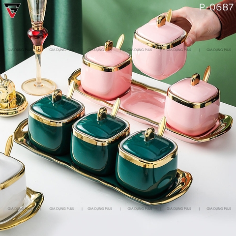 Bộ 3 Hộp Đựng Gia Vị Gốm Sứ Kèm Khung Sứ Đặt Bàn Viền Vàng Cao Cấp (Tặng Muỗng & Hộp Quà Sang Trọng) - Gia dụng Plus