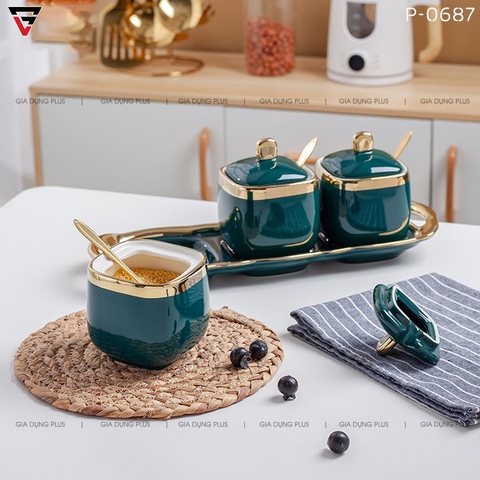 Bộ 3 Hộp Đựng Gia Vị Gốm Sứ Kèm Khung Sứ Đặt Bàn Viền Vàng Cao Cấp (Tặng Muỗng & Hộp Quà Sang Trọng) - Gia dụng Plus