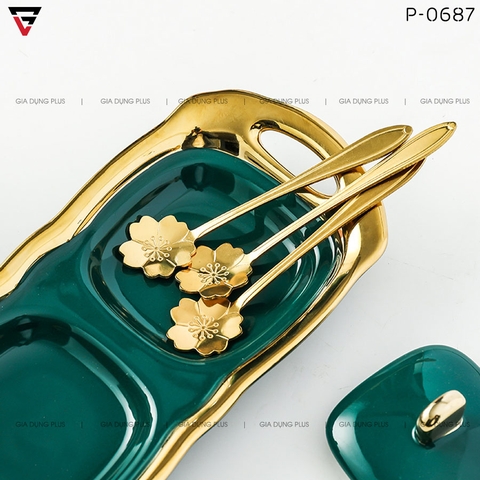 Bộ 3 Hộp Đựng Gia Vị Gốm Sứ Kèm Khung Sứ Đặt Bàn Viền Vàng Cao Cấp (Tặng Muỗng & Hộp Quà Sang Trọng) - Gia dụng Plus