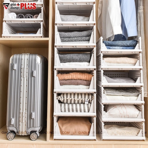 Hộp đựng đồ ngăn kéo để phân chia tủ quần áo, đựng đồ đa năng gấp gọn LAZYDO (bản nâng cấp có thanh chắn trước) - Gia dụng Plus