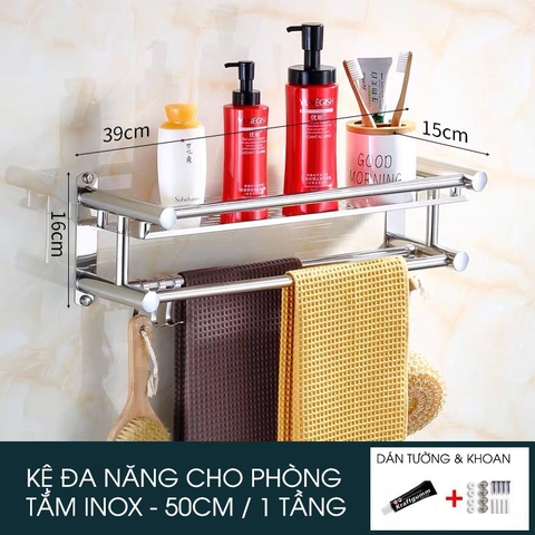 Kệ Đựng Đồ Đa Năng Dán Tường INOX Cao Cấp Cho Phòng Tắm | Kèm Giá Khăn & Móc Treo Đa Năng | Moyang - Gia dụng Plus
