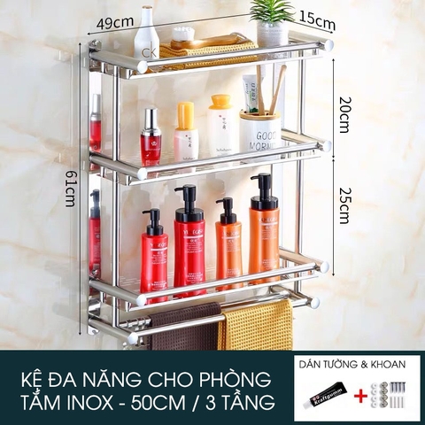 Kệ Đựng Đồ Đa Năng Dán Tường INOX Cao Cấp Cho Phòng Tắm | Kèm Giá Khăn & Móc Treo Đa Năng | Moyang - Gia dụng Plus