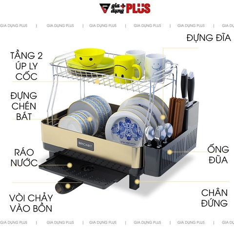 Kệ úp chén bát đĩa thông minh inox 304 cao cấp ráo nước bên bồn rửa SINOART - Gia dụng Plus