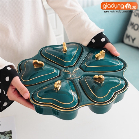 Hộp Đựng Kẹo Mứt Bông Hoa Gốm Sứ Thủ Công | Màu Xanh Ngọc Lục Bảo Cao Cấp | Phong Cách Bắc Âu Sang Trọng - Gia dụng Plus