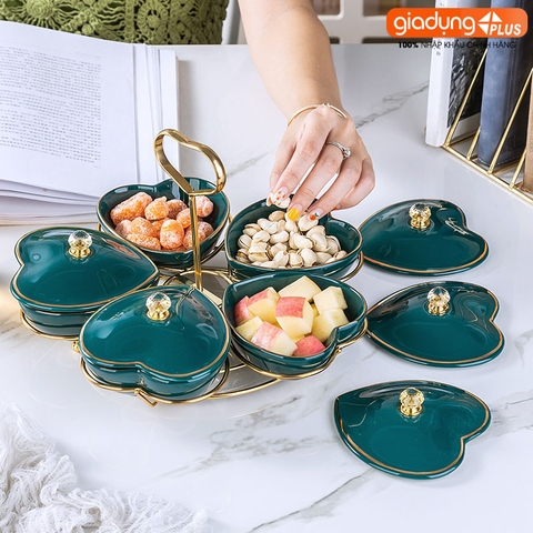 Hộp Đựng Kẹo Mứt Bông Hoa Gốm Sứ Thủ Công | Màu Xanh Ngọc Lục Bảo Cao Cấp | Phong Cách Bắc Âu Sang Trọng - Gia dụng Plus