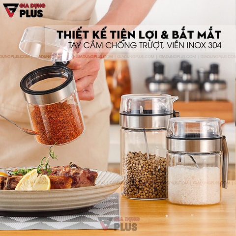 Lọ Đựng Gia Vị Nắp Bật Thuỷ Tinh Borosilicate Chống Ẩm, Có Tay Cầm Viền INOX 304 | Tặng Kèm Muỗng INOX 304 | Kuake - gia dụng plus