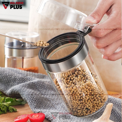 Lọ Đựng Gia Vị Nắp Bật Thuỷ Tinh Borosilicate Chống Ẩm, Có Tay Cầm Viền INOX 304 | Tặng Kèm Muỗng INOX 304 | Kuake - Gia dụng Plus