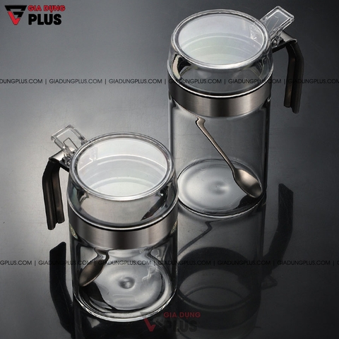 Lọ Đựng Gia Vị Nắp Bật Thuỷ Tinh Borosilicate Chống Ẩm, Có Tay Cầm Viền INOX 304 | Tặng Kèm Muỗng INOX 304 | Kuake - Gia dụng Plus