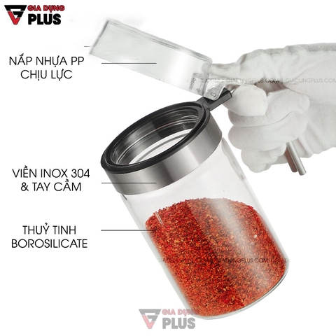 Lọ Đựng Gia Vị Nắp Bật Thuỷ Tinh Borosilicate Chống Ẩm, Có Tay Cầm Viền INOX 304 | Tặng Kèm Muỗng INOX 304 | Kuake - Gia dụng Plus