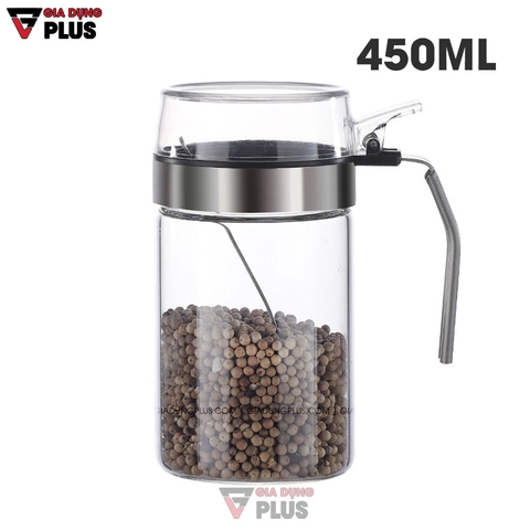 Lọ Đựng Gia Vị Nắp Bật Thuỷ Tinh Borosilicate Chống Ẩm, Có Tay Cầm Viền INOX 304 | Tặng Kèm Muỗng INOX 304 | Kuake - Gia dụng Plus