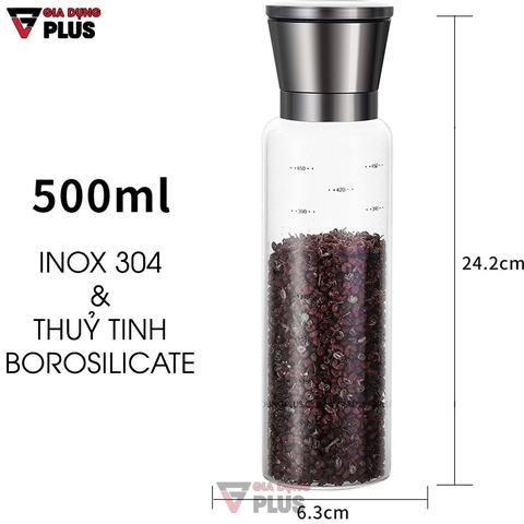 Lọ Xay Tiêu Thủ Công Thuỷ Tinh Borosilicate & Núm Xay Bằng INOX 304 Cao Cấp | KUAKE - Gia dụng Plus