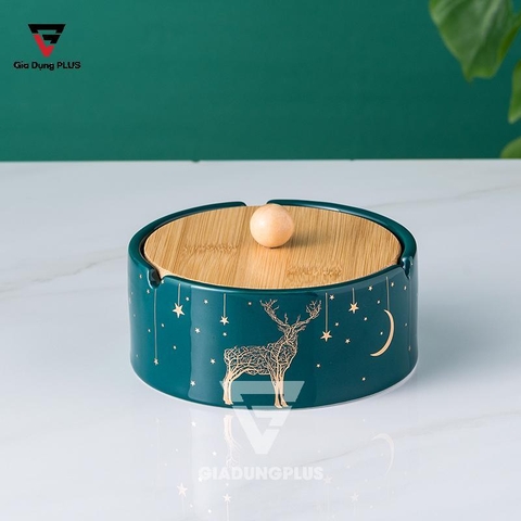 Gạt tàn thuốc lá sứ - xanh cổ vịt – kèm nắp gỗ – phong cách Bắc Âu Qianhuiju (QH-0602) - Gia dụng Plus