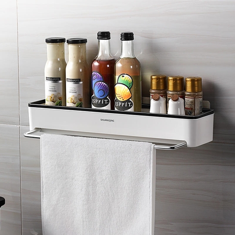 Kệ Chữ Nhật Dán Tường Dài, Kèm Thanh Treo Khăn Cực Kỳ Tiện Lợi SHUANGQING (SQ-0102) - Gia dụng Plus