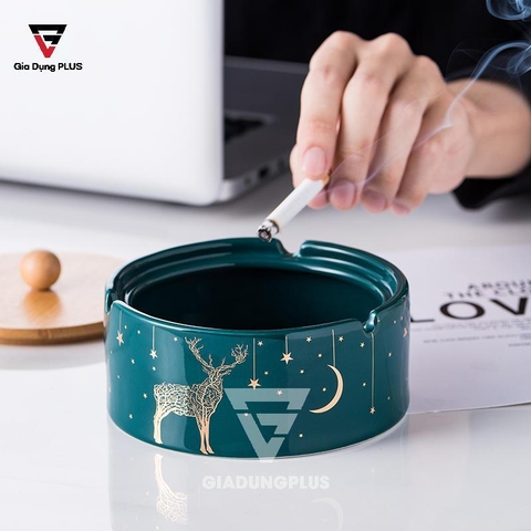 Gạt tàn thuốc lá sứ - xanh cổ vịt – kèm nắp gỗ – phong cách Bắc Âu Qianhuiju (QH-0602) - Gia dụng Plus