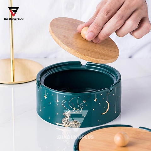 Gạt tàn thuốc lá sứ - xanh cổ vịt – kèm nắp gỗ – phong cách Bắc Âu Qianhuiju (QH-0602) - Gia dụng Plus