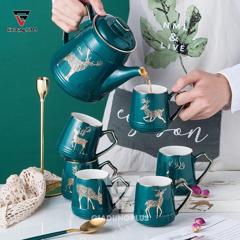 Bộ ấm trà sứ xanh ngọc cổ vịt, hươu sừng tấm quý tộc phong cách Bắc Âu sang trọng Qianhuiju (QH-0610) - Gia dụng Plus