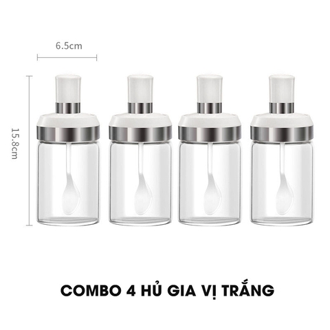 Lọ Đựng Gia Vị Muỗng Nắp Thuỷ Tinh Borosilicate (Màu Trắng) Có Nắp Viền INOX 304 | KUAKE - Gia dụng Plus