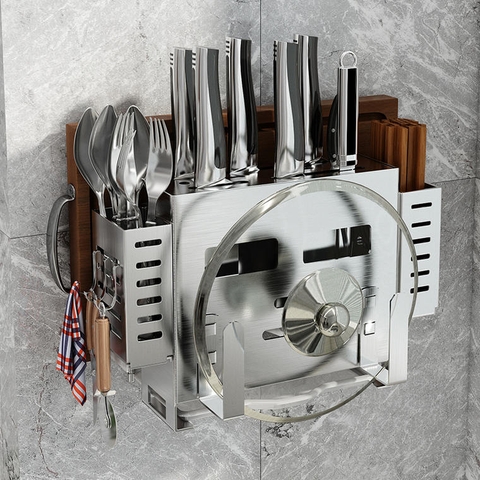 Kệ Để Dao Thớt & Đũa Đa Năng (Đặt Bàn & Treo Tường) Bằng Inox SUS 201, Sơn Tĩnh Điện Lazydo (LZ-0216) - Gia dụng Plus