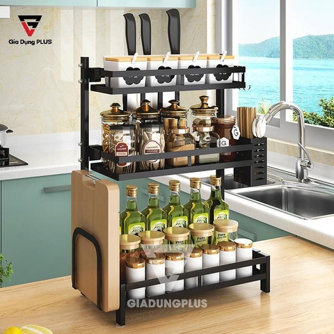 Kệ Đựng Gia Vị, Chai Lọ (2 Tầng & 3 Tầng) Đặt Bàn | INOX, Sơn Tĩnh Điện (Màu Đen) LAZYDO (LZ-0212) - Gia dụng Plus