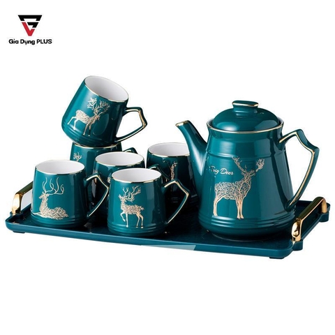 Bộ ấm trà sứ xanh ngọc cổ vịt, hươu sừng tấm quý tộc phong cách Bắc Âu sang trọng Qianhuiju (QH-0610) - Gia dụng Plus