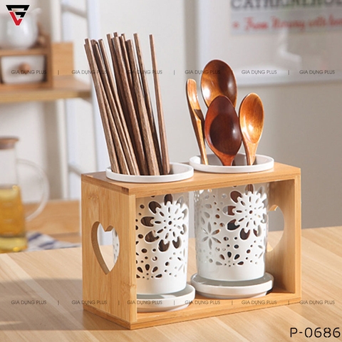 Ống Đựng Đũa Muỗng Thìa Bằng Sứ Đa Năng Kèm Kệ Gỗ Chắc Chắn Phong Cách Nhật Bản - Gia dụng Plus