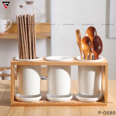 Ống Đựng Đũa Muỗng Thìa Bằng Sứ Đa Năng Kèm Kệ Gỗ Chắc Chắn Phong Cách Nhật Bản - Gia dụng Plus