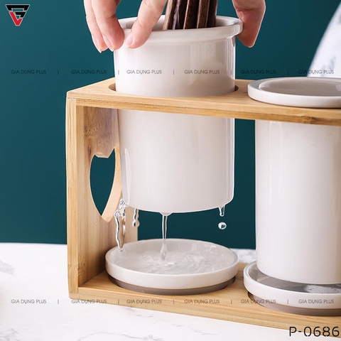 Ống Đựng Đũa Muỗng Thìa Bằng Sứ Đa Năng Kèm Kệ Gỗ Chắc Chắn Phong Cách Nhật Bản - Gia dụng Plus