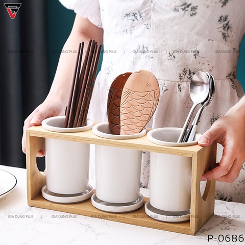 Ống Đựng Đũa Muỗng Thìa Bằng Sứ Đa Năng Kèm Kệ Gỗ Chắc Chắn Phong Cách Nhật Bản - Gia dụng Plus