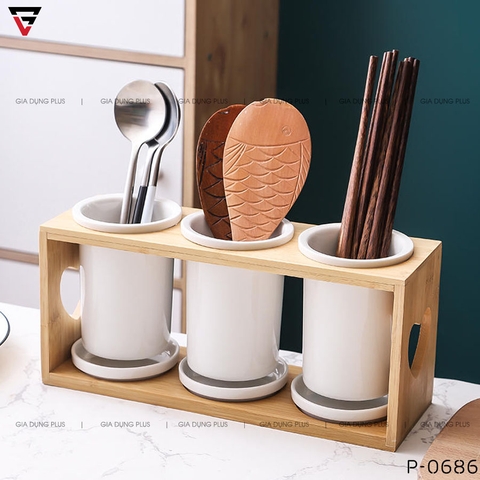 Ống Đựng Đũa Muỗng Thìa Bằng Sứ Đa Năng Kèm Kệ Gỗ Chắc Chắn Phong Cách Nhật Bản - Gia dụng Plus