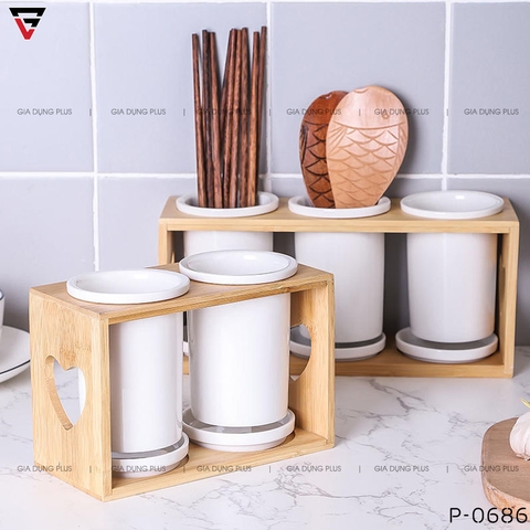 Ống Đựng Đũa Muỗng Thìa Bằng Sứ Đa Năng Kèm Kệ Gỗ Chắc Chắn Phong Cách Nhật Bản - Gia dụng Plus