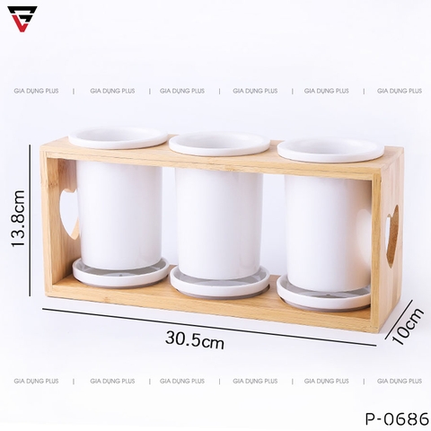 Ống Đựng Đũa Muỗng Thìa Bằng Sứ Đa Năng Kèm Kệ Gỗ Chắc Chắn Phong Cách Nhật Bản - Gia dụng Plus