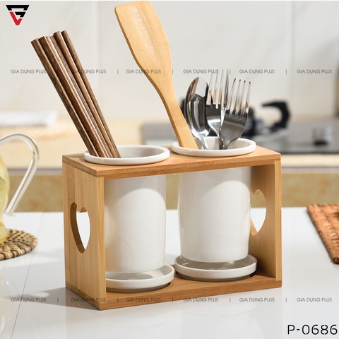 Ống Đựng Đũa Muỗng Thìa Bằng Sứ Đa Năng Kèm Kệ Gỗ Chắc Chắn Phong Cách Nhật Bản - Gia dụng Plus