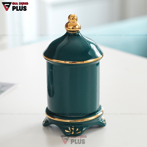 Ống Đựng Tăm Đặt Bàn Gốm Sứ Sang Trọng Với Màu Xanh Ngọc Lục Bảo | Có Nắp Đậy Kín & Viền Vàng Nổi Bật - Gia dụng Plus