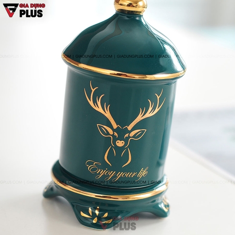 Ống Đựng Tăm Đặt Bàn Gốm Sứ Sang Trọng Với Màu Xanh Ngọc Lục Bảo | Có Nắp Đậy Kín & Viền Vàng Nổi Bật - Gia dụng Plus
