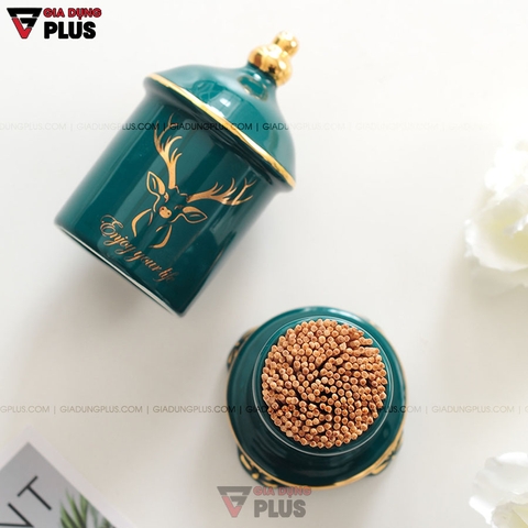 Ống Đựng Tăm Đặt Bàn Gốm Sứ Sang Trọng Với Màu Xanh Ngọc Lục Bảo | Có Nắp Đậy Kín & Viền Vàng Nổi Bật - Gia dụng Plus