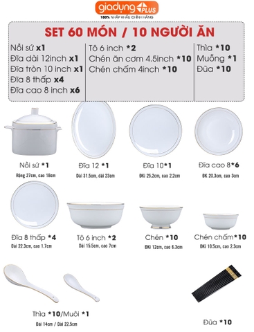 Bộ chén bát sứ WHITE LUXURY viền vàng cao cấp nhập khẩu - Set 10 người ăn gồm chén, bát, đĩa, tô, nồi, muỗng, đũa.. - Gia dụng Plus