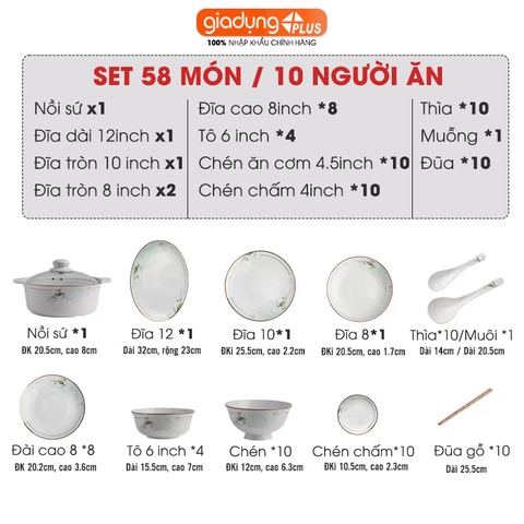 Bộ chén bát sứ GIÓ XUÂN (Ten Miles Spring) cao cấp nhập khẩu - Set 10 người ăn gồm chén, bát, đĩa, tô, nồi, muỗng, đũa.. - Gia dụng Plus