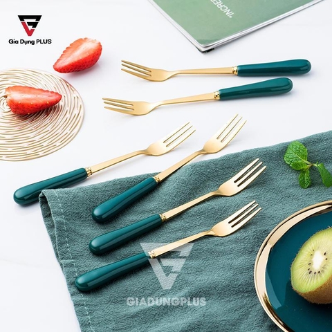 Bộ Ống Đựng Nĩa, Muỗng Bằng Sứ + 6 Nĩa Inox 304 Màu Xanh Lưu Ly | Ăn Đồ Tráng Miệng Đa Năng | Qianhuiju (QH-0609) - Gia dụng Plus