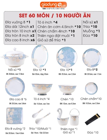 Bộ chén bát sứ TAM HOA (Three Flowers) cao cấp nhập khẩu - Set 10 người ăn gồm chén, bát, đĩa, tô, nồi, muỗng, đũa.. - Gia dụng Plus