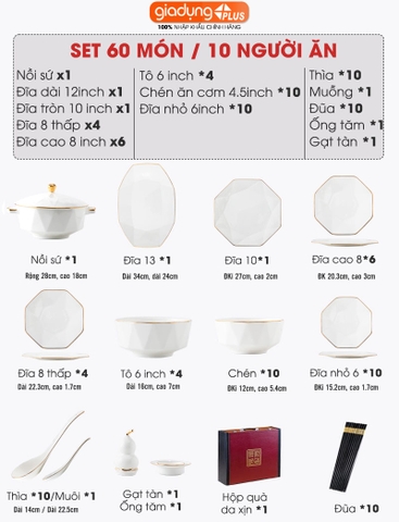 Bộ chén bát sứ KIM CƯƠNG (White Diamons) cao cấp nhập khẩu - Set 10 người ăn gồm chén, bát, đĩa, tô, nồi, muỗng, đũa.. - Gia dụng Plus
