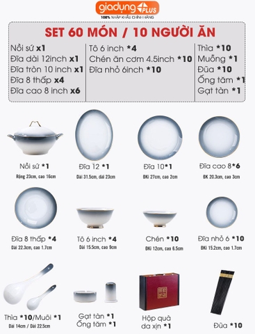Bộ chén bát sứ KIM CƯƠNG (White Diamons) cao cấp nhập khẩu - Set 10 người ăn gồm chén, bát, đĩa, tô, nồi, muỗng, đũa.. - Gia dụng Plus