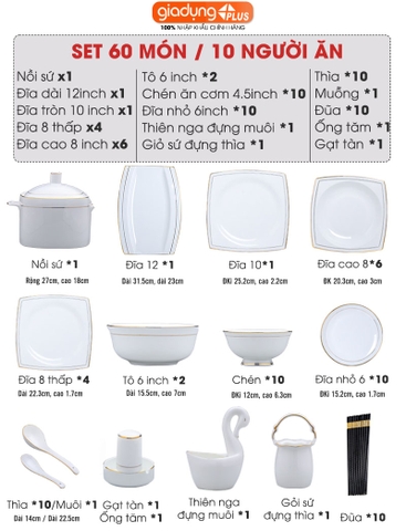 Bộ chén bát sứ WHITE LUXURY viền vàng cao cấp nhập khẩu - Set 10 người ăn gồm chén, bát, đĩa, tô, nồi, muỗng, đũa.. - Gia dụng Plus