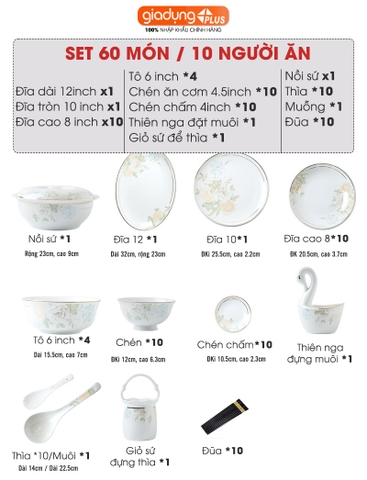 Bộ chén bát sứ HOA MỘNG ẢO (Mona Lavender) cao cấp nhập khẩu - Set 10 người ăn gồm chén, bát, đĩa, tô, nồi, muỗng, đũa.. - Gia dụng Plus