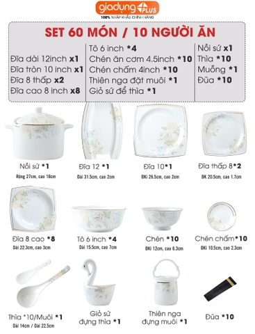 Bộ chén bát sứ HOA MỘNG ẢO (Mona Lavender) cao cấp nhập khẩu - Set 10 người ăn gồm chén, bát, đĩa, tô, nồi, muỗng, đũa.. - Gia dụng Plus
