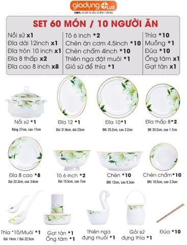 Bộ chén bát sứ BÁCH HỢP (Lily Flowers) cao cấp nhập khẩu - Set 10 người ăn gồm chén, bát, đĩa, tô, nồi, muỗng, đũa.. - Gia dụng Plus
