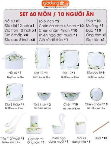 Bộ chén bát sứ BÁCH HỢP (Lily Flowers) cao cấp nhập khẩu - Set 10 người ăn gồm chén, bát, đĩa, tô, nồi, muỗng, đũa.. - Gia dụng Plus